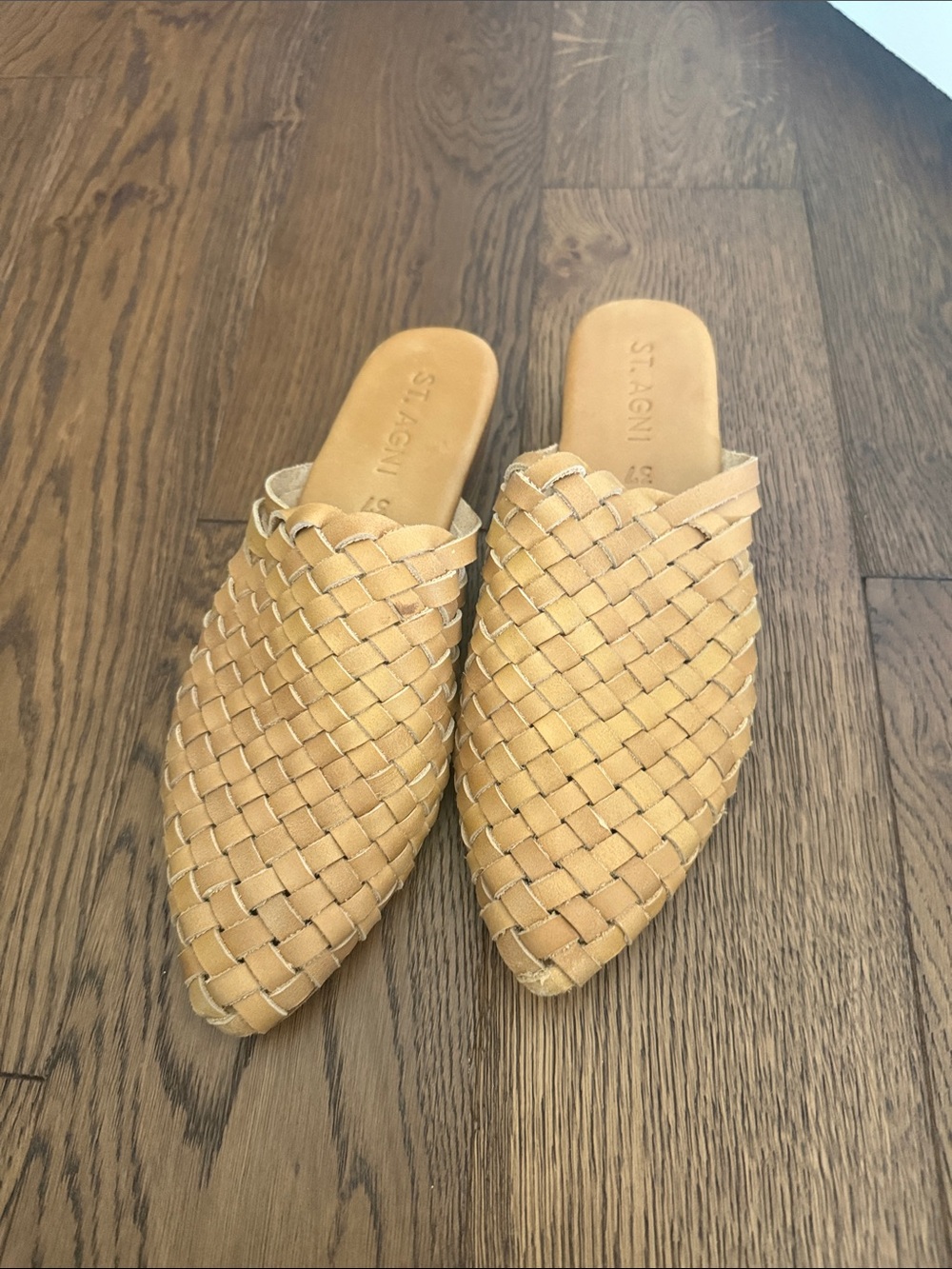 St. Agni Tan Woven Pointed-Toe Slip-Ons